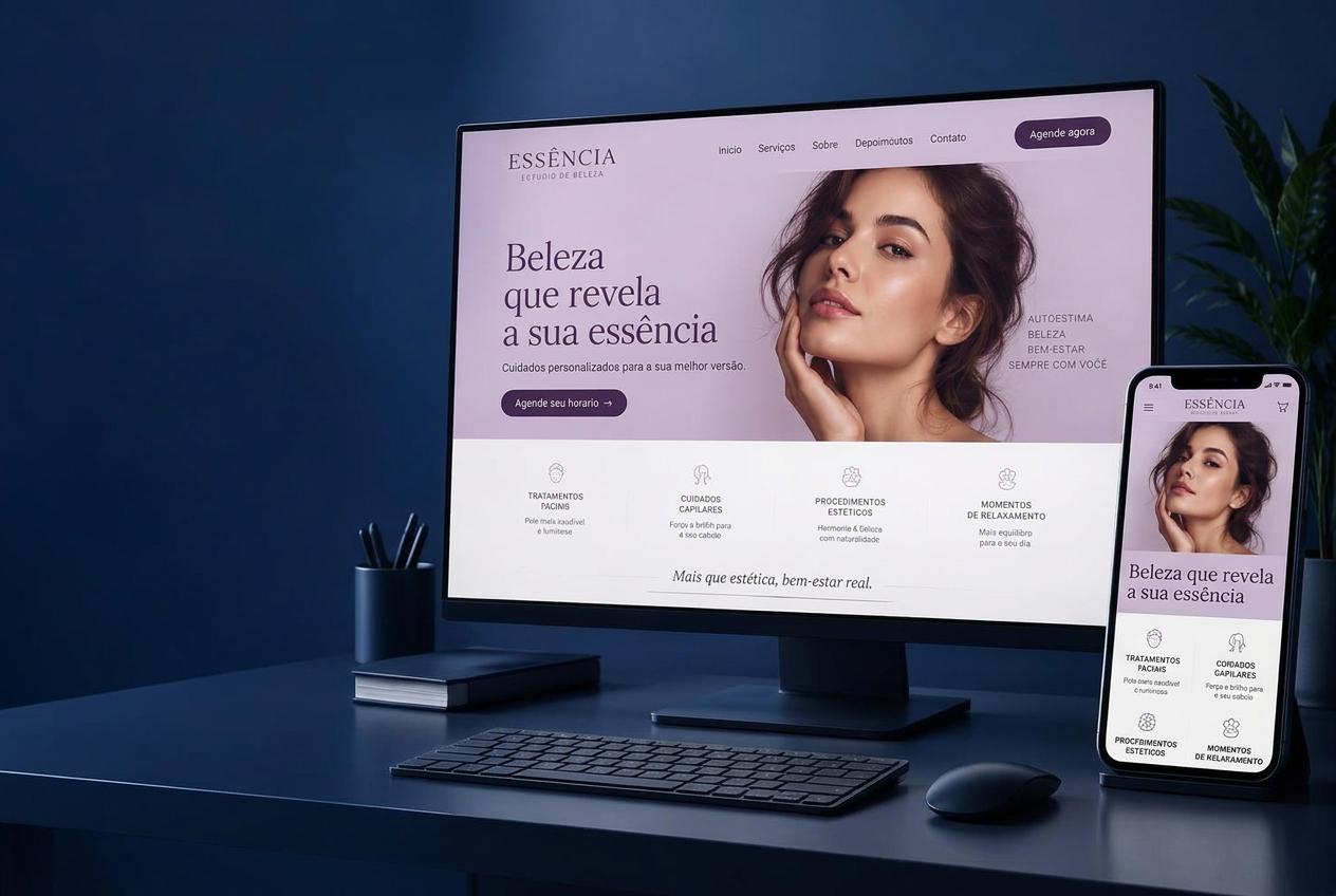 A mesma identidade visual de um site de beleza aplicada ao computador e ao celular — exemplo ilustrativo